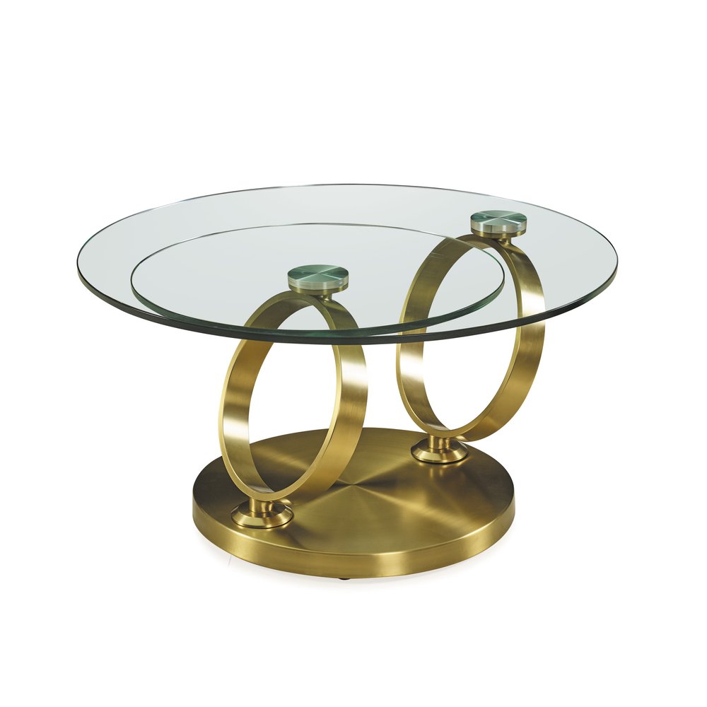 32" Clear And Gold Glass And Metal Round Abstract Coffee Table HomeRoots