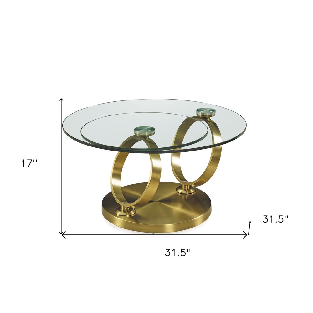 32" Clear And Gold Glass And Metal Round Abstract Coffee Table HomeRoots