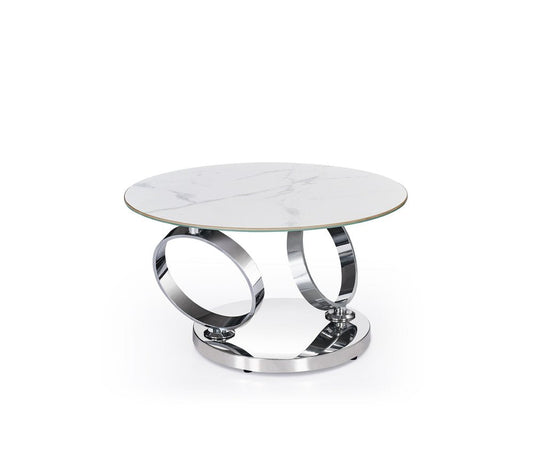 32" White And Silver Ceramic Tile And Metal Round Abstract Coffee Table HomeRoots