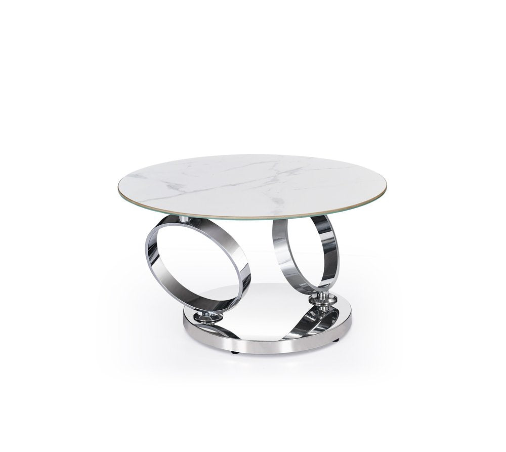 32" White And Silver Ceramic Tile And Metal Round Abstract Coffee Table HomeRoots