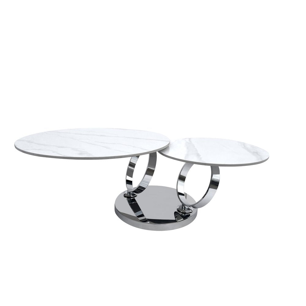 32" White And Silver Ceramic Tile And Metal Round Abstract Coffee Table HomeRoots