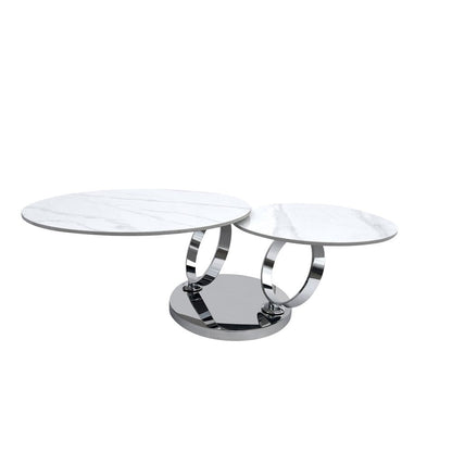 32" White And Silver Ceramic Tile And Metal Round Abstract Coffee Table HomeRoots