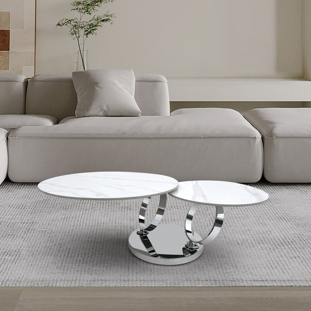 32" White And Silver Ceramic Tile And Metal Round Abstract Coffee Table HomeRoots