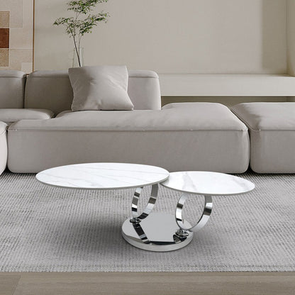 32" White And Silver Ceramic Tile And Metal Round Abstract Coffee Table HomeRoots