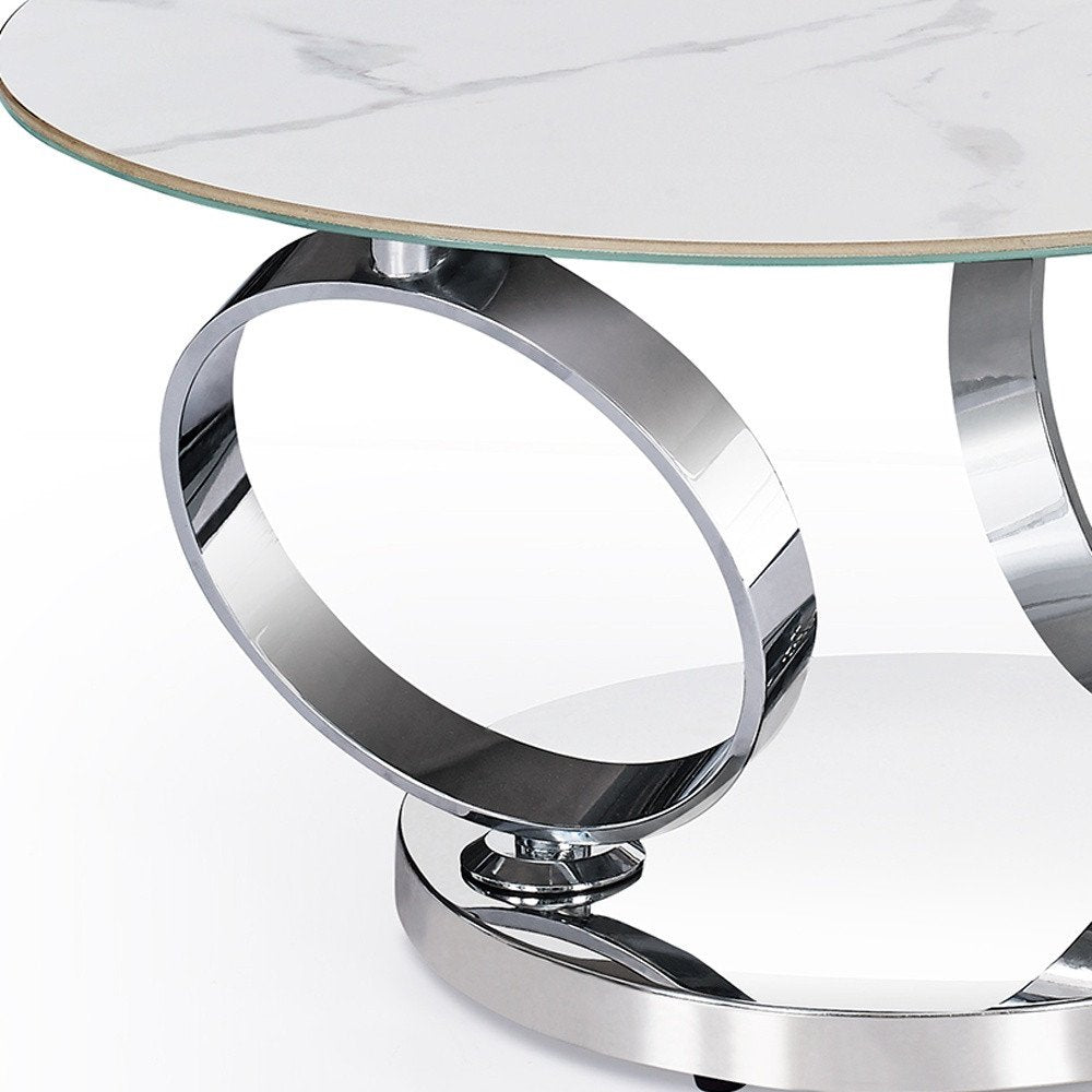 32" White And Silver Ceramic Tile And Metal Round Abstract Coffee Table HomeRoots