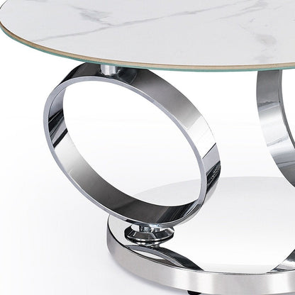 32" White And Silver Ceramic Tile And Metal Round Abstract Coffee Table HomeRoots
