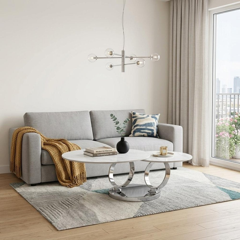 32" White And Silver Ceramic Tile And Metal Round Abstract Coffee Table HomeRoots