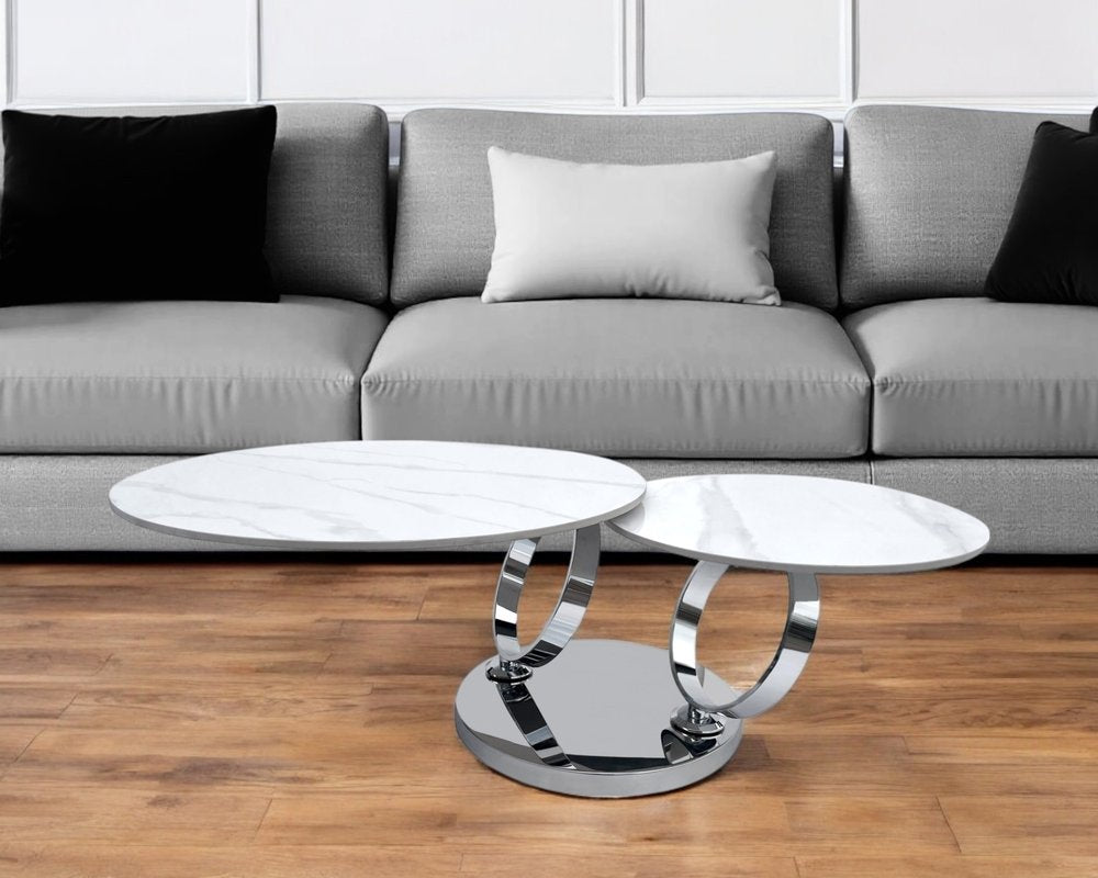 32" White And Silver Ceramic Tile And Metal Round Abstract Coffee Table HomeRoots