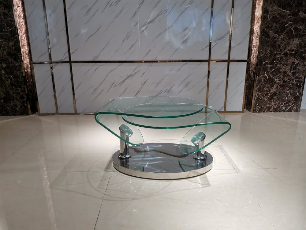 30" Clear And Silver Glass And Metal Oval Abstract Coffee Table HomeRoots