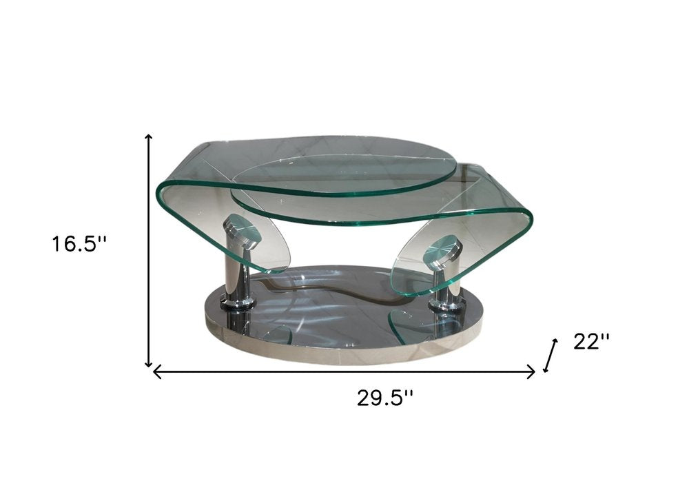 30" Clear And Silver Glass And Metal Oval Abstract Coffee Table HomeRoots