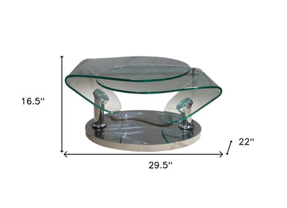 30" Clear And Silver Glass And Metal Oval Abstract Coffee Table HomeRoots