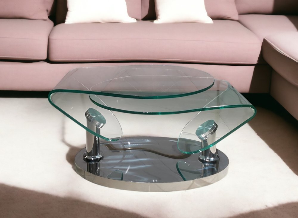 30" Clear And Silver Glass And Metal Oval Abstract Coffee Table HomeRoots