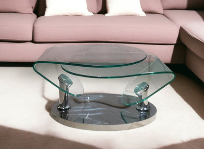 30" Clear And Silver Glass And Metal Oval Abstract Coffee Table HomeRoots