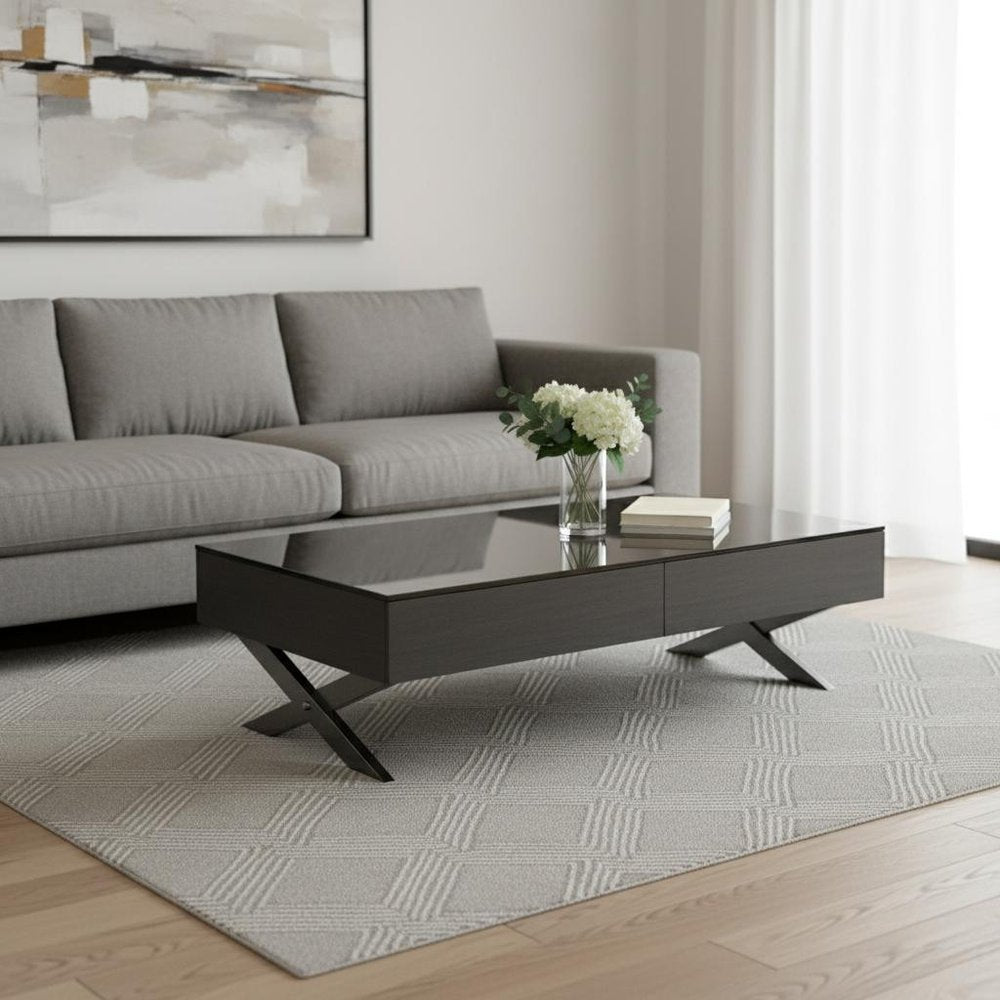 28" Gray And Silver Glass And Metal Mirrored Coffee Table With Two Drawers HomeRoots