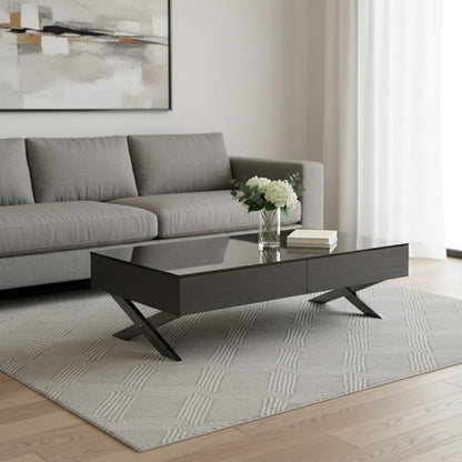 28" Gray And Silver Glass And Metal Mirrored Coffee Table With Two Drawers HomeRoots