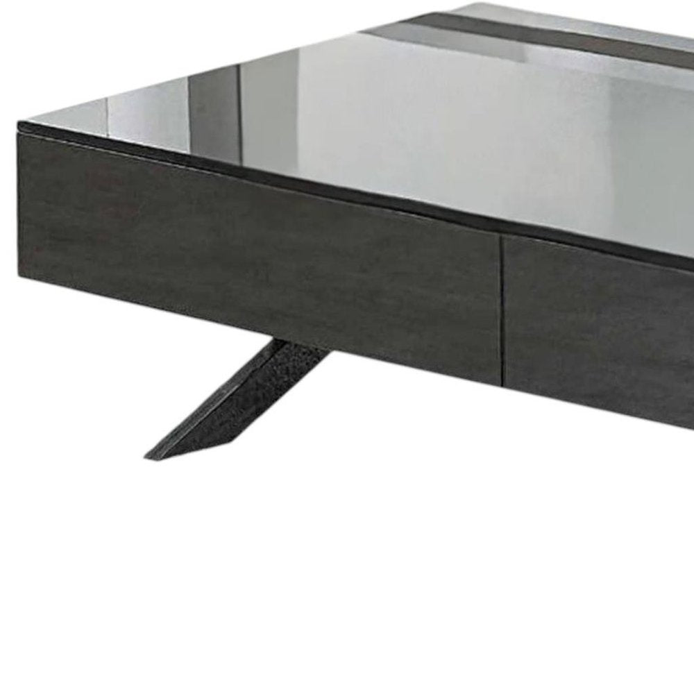 28" Gray And Silver Glass And Metal Mirrored Coffee Table With Two Drawers HomeRoots