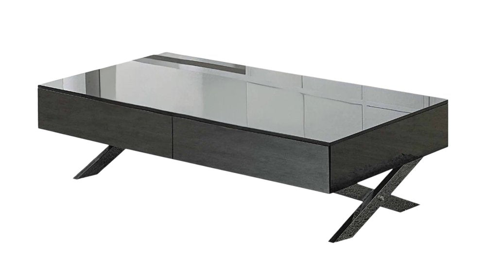 28" Gray And Silver Glass And Metal Mirrored Coffee Table With Two Drawers HomeRoots