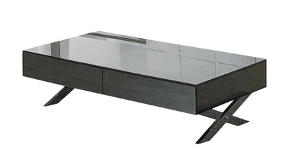 28" Gray And Silver Glass And Metal Mirrored Coffee Table With Two Drawers HomeRoots