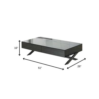 28" Gray And Silver Glass And Metal Mirrored Coffee Table With Two Drawers HomeRoots