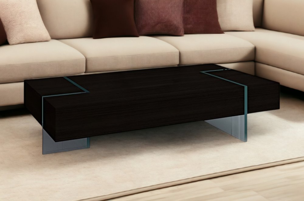 53" Black And Clear Wood And Glass Sled Coffee Table HomeRoots