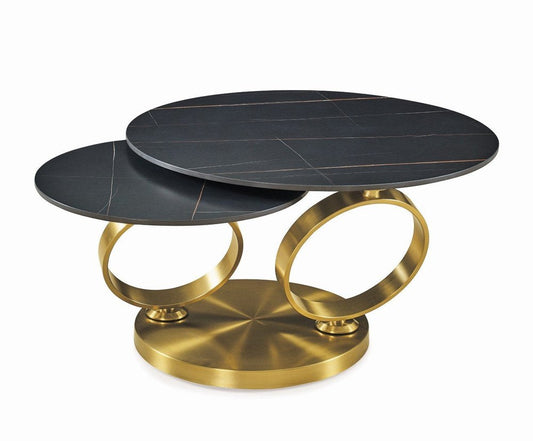 32" Black And Gold Ceramic Tile And Metal Round Distressed Abstract Coffee Table HomeRoots