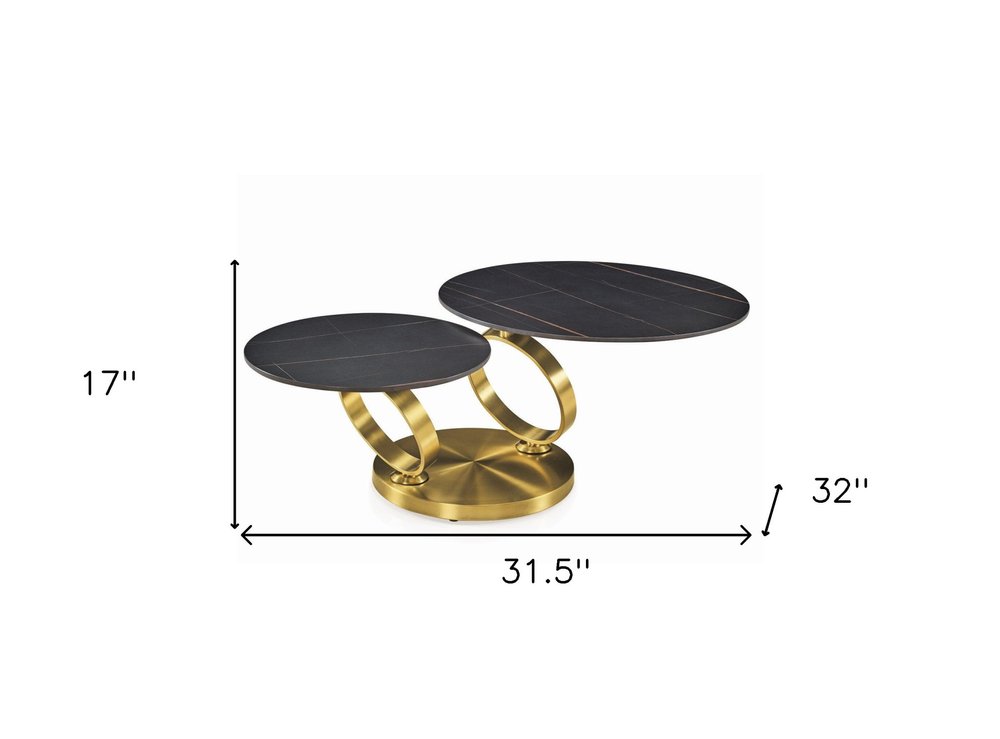 32" Black And Gold Ceramic Tile And Metal Round Distressed Abstract Coffee Table HomeRoots