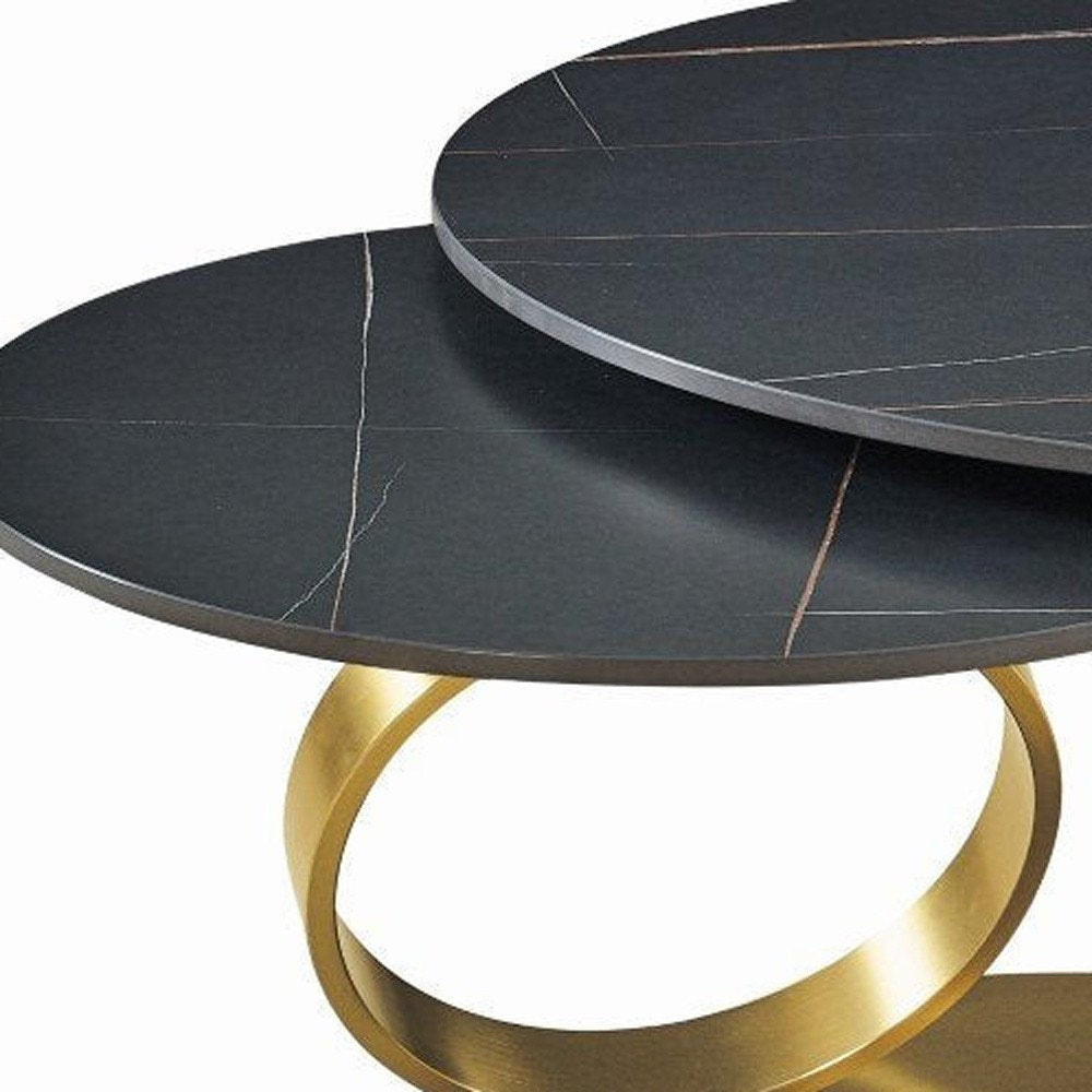 32" Black And Gold Ceramic Tile And Metal Round Distressed Abstract Coffee Table HomeRoots