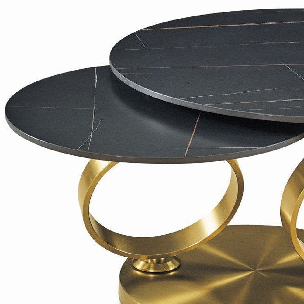 32" Black And Gold Ceramic Tile And Metal Round Distressed Abstract Coffee Table HomeRoots