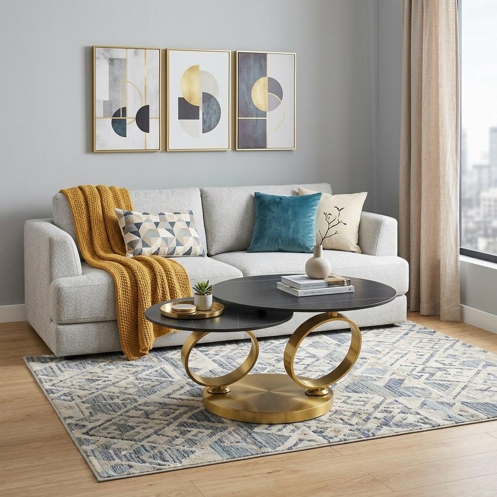 32" Black And Gold Ceramic Tile And Metal Round Distressed Abstract Coffee Table HomeRoots