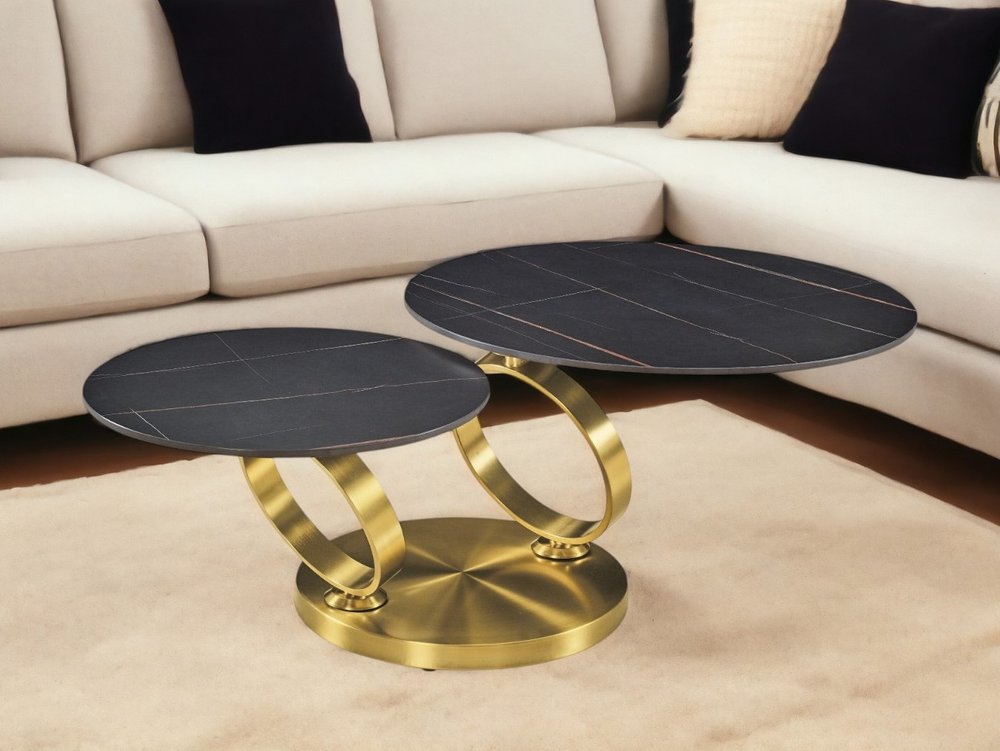 32" Black And Gold Ceramic Tile And Metal Round Distressed Abstract Coffee Table HomeRoots