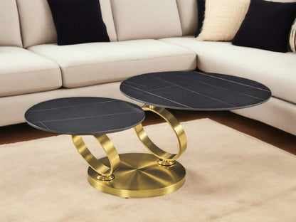 32" Black And Gold Ceramic Tile And Metal Round Distressed Abstract Coffee Table HomeRoots