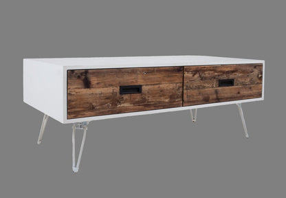 48" Brown And White Wood And Metal Coffee Table With Two Drawers