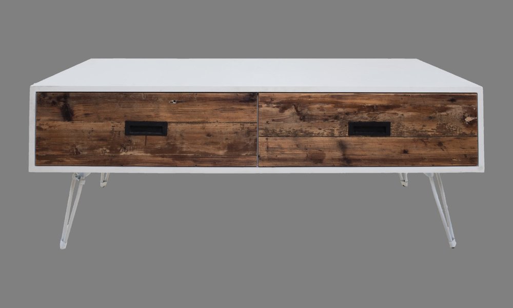 48" Brown And White Wood And Metal Coffee Table With Two Drawers