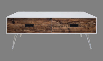 48" Brown And White Wood And Metal Coffee Table With Two Drawers