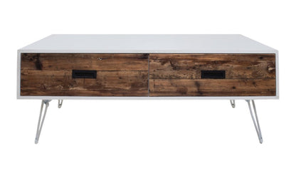 48" Brown And White Wood And Metal Coffee Table With Two Drawers