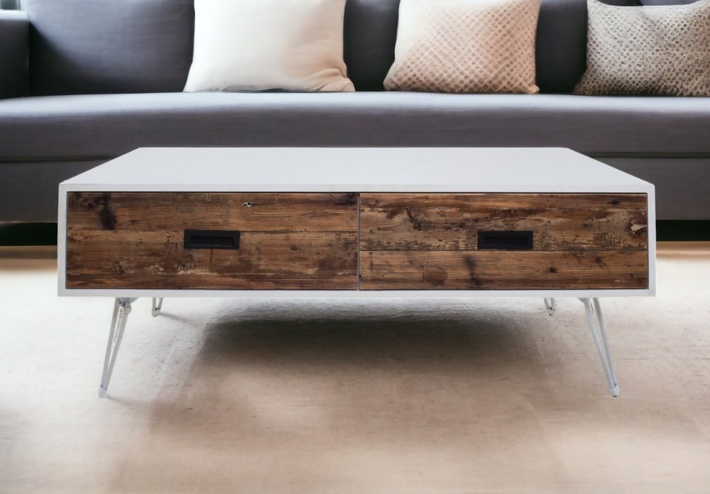 48" Brown And White Wood And Metal Coffee Table With Two Drawers HomeRoots