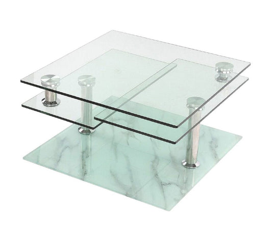 32" Clear and White Faux Marble Glass and Metal Coffee Table With Three Shelves HomeRoots
