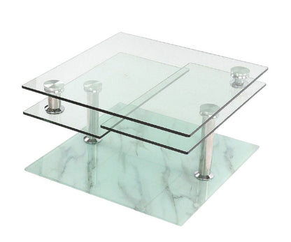 32" Clear and White Faux Marble Glass and Metal Coffee Table With Three Shelves HomeRoots