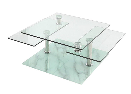 32" Clear and White Faux Marble Glass and Metal Coffee Table With Three Shelves HomeRoots