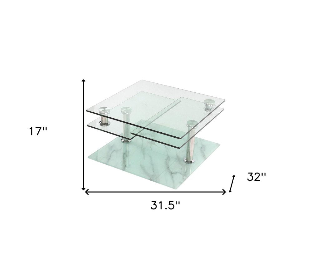 32" Clear and White Faux Marble Glass and Metal Coffee Table With Three Shelves HomeRoots