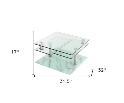 32" Clear and White Faux Marble Glass and Metal Coffee Table With Three Shelves HomeRoots
