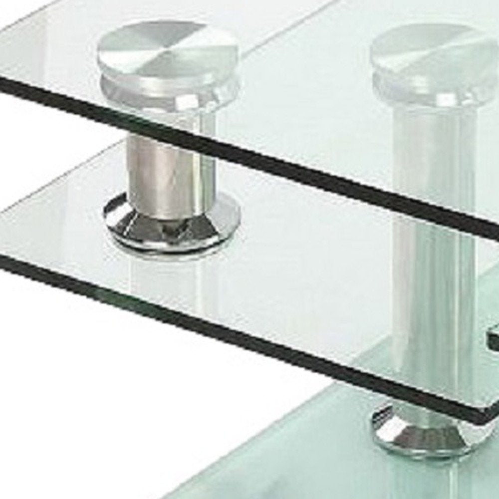 32" Clear and White Faux Marble Glass and Metal Coffee Table With Three Shelves HomeRoots