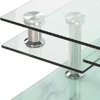 32" Clear and White Faux Marble Glass and Metal Coffee Table With Three Shelves HomeRoots