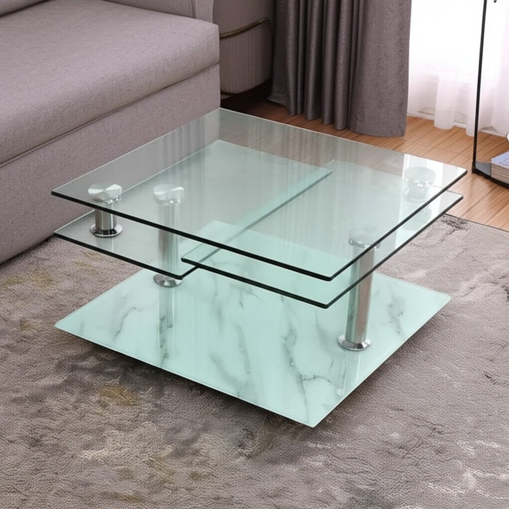 32" Clear and White Faux Marble Glass and Metal Coffee Table With Three Shelves HomeRoots