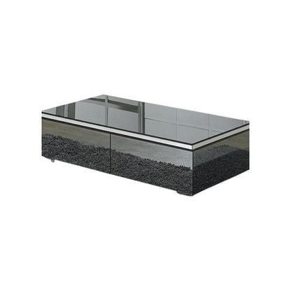 26" Dark Gray and Silver Mirrored Glass Wood and Stainless Steel Coffee Table With Two Drawers HomeRoots