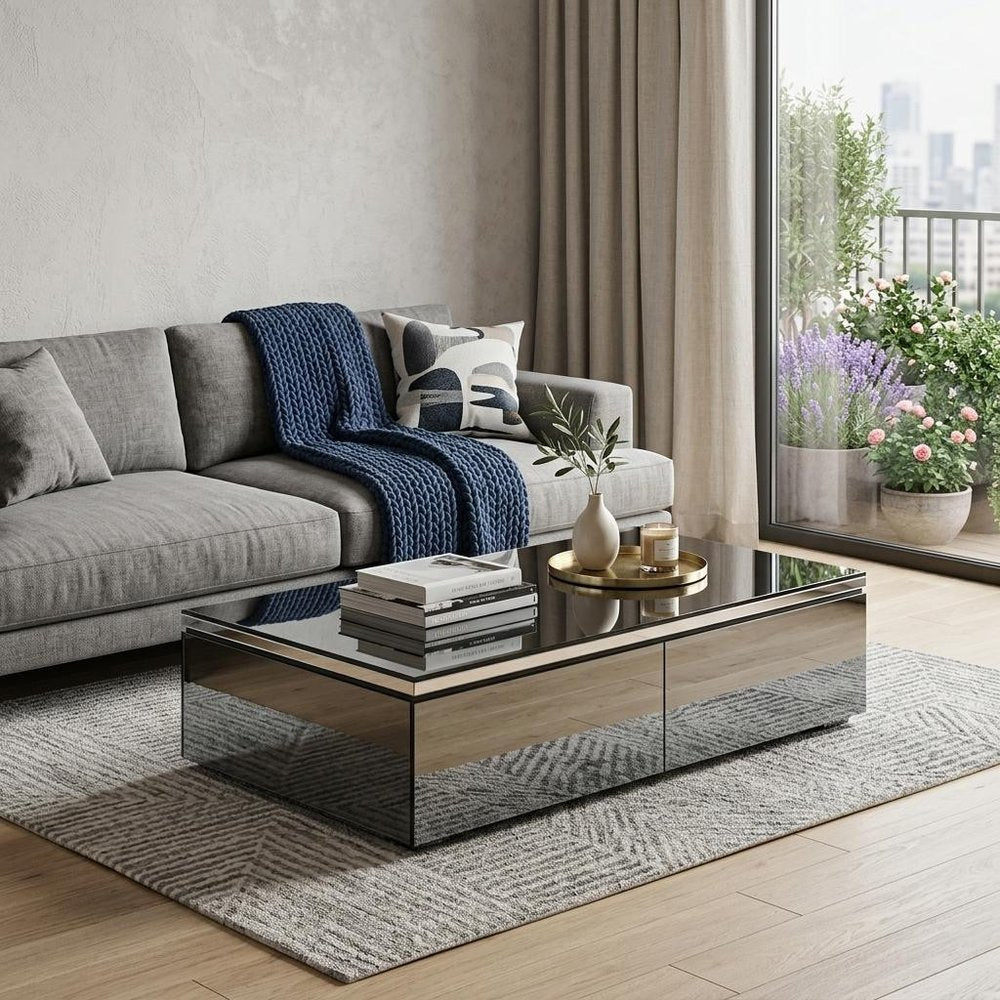 26" Dark Gray and Silver Mirrored Glass Wood and Stainless Steel Coffee Table With Two Drawers — view 3