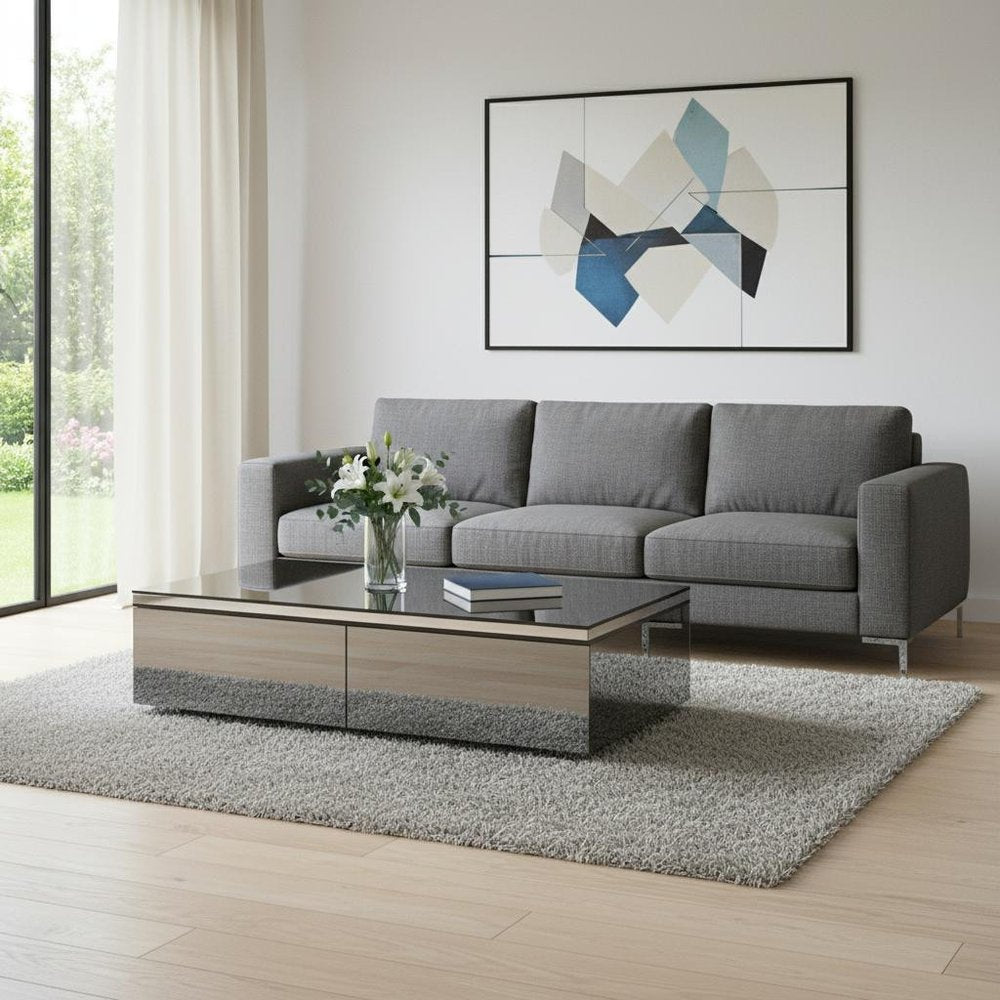 26" Gray And Silver Glass And Metal Mirrored Coffee Table With Two Drawers HomeRoots