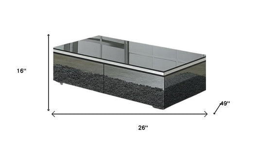 26" Dark Gray and Silver Mirrored Glass Wood and Stainless Steel Coffee Table With Two Drawers
