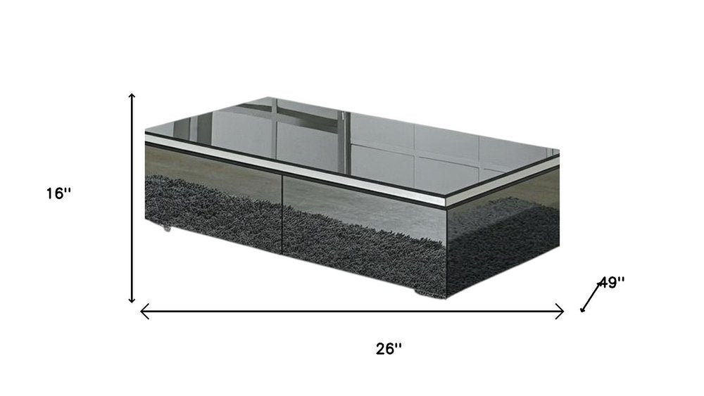 26" Dark Gray and Silver Mirrored Glass Wood and Stainless Steel Coffee Table With Two Drawers HomeRoots