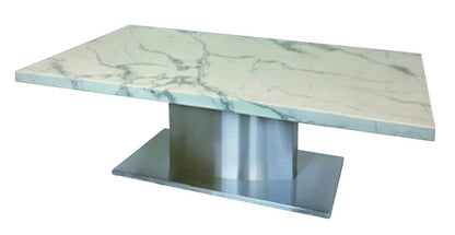 51" White And Silver Genuine Marble And Stainless Steel Pedestal Coffee Table HomeRoots